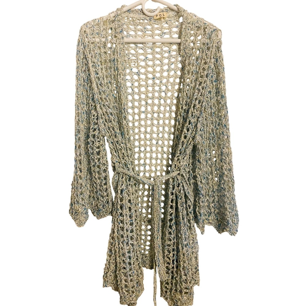 POL Open Knit Crochet Swim Cover Bell Sleeved Belt Waisted Blue Cardigan Small